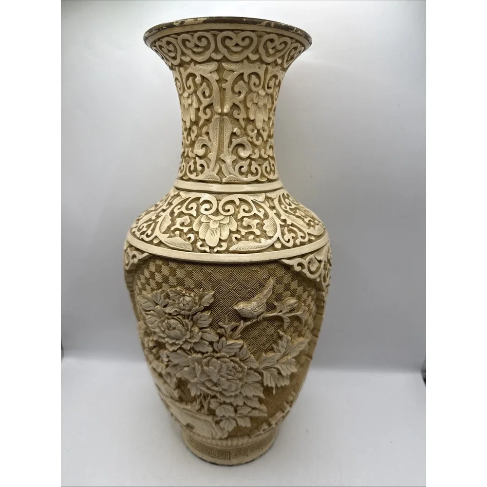 Vintage Mandarin Resin Carved Vase Layered 3D Flowers Floral Birds 12.5